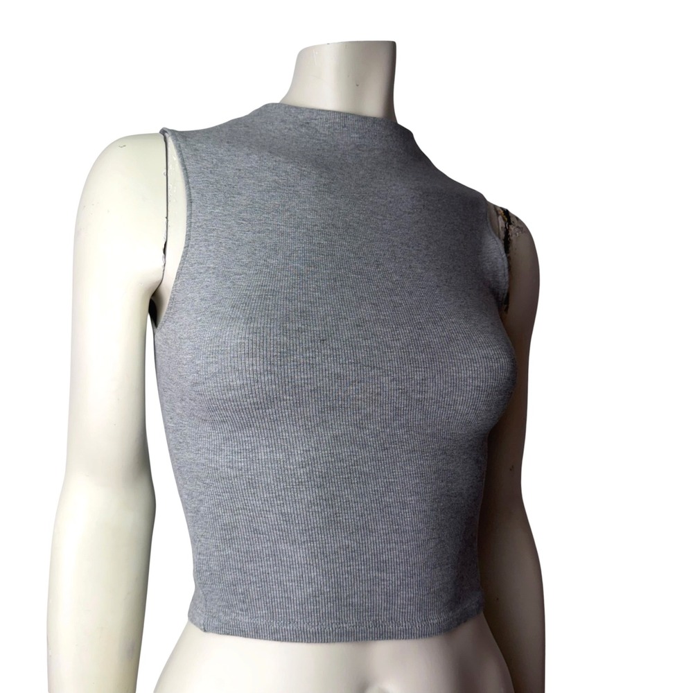 Zara Ribbed Crop Top Mock Neck Sleeveless Knit Grey Minimalist Basic 90's Sz S